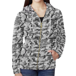 Woodland Urban City Black/Gray Camouflage All Over Print Full Zip Hoodie for Women (Model H14)