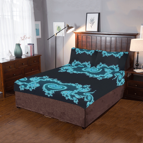 Sky Blue and Black Hearts Lace Fractal Abstract 3-Piece Bedding Set