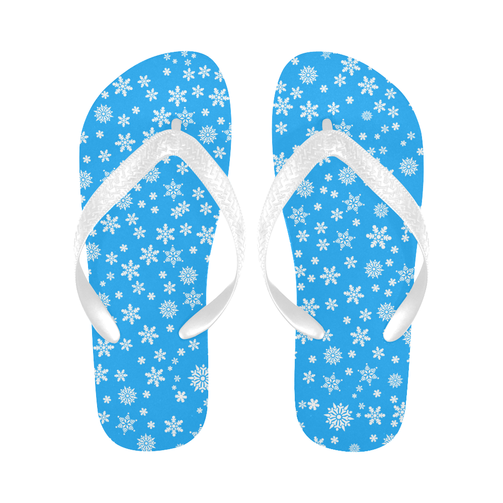 Christmas White Snowflakes on Light Blue Flip Flops for Men/Women (Model 040)