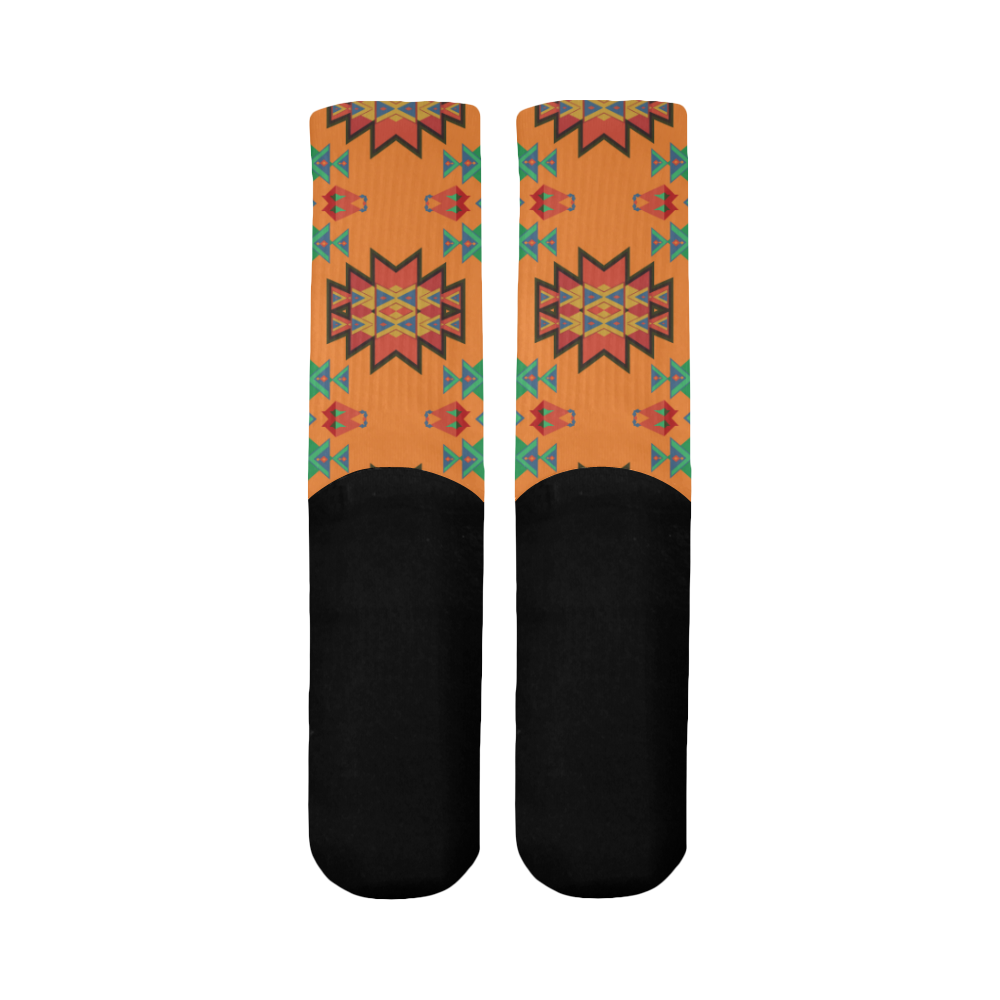 Misc shapes on an orange background Mid-Calf Socks (Black Sole)
