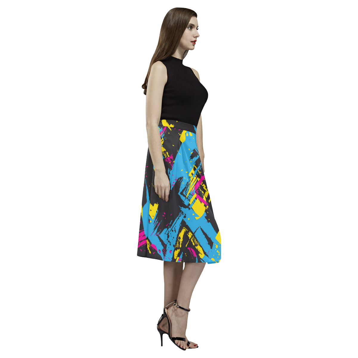 Colorful paint stokes on a black background Aoede Crepe Skirt (Model D16)