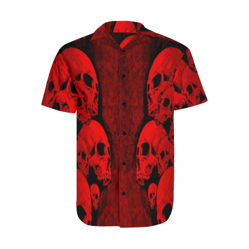 Gothic Red Skulls Satin Dress Shirt Men's Short Sleeve Shirt with Lapel Collar (Model T54)