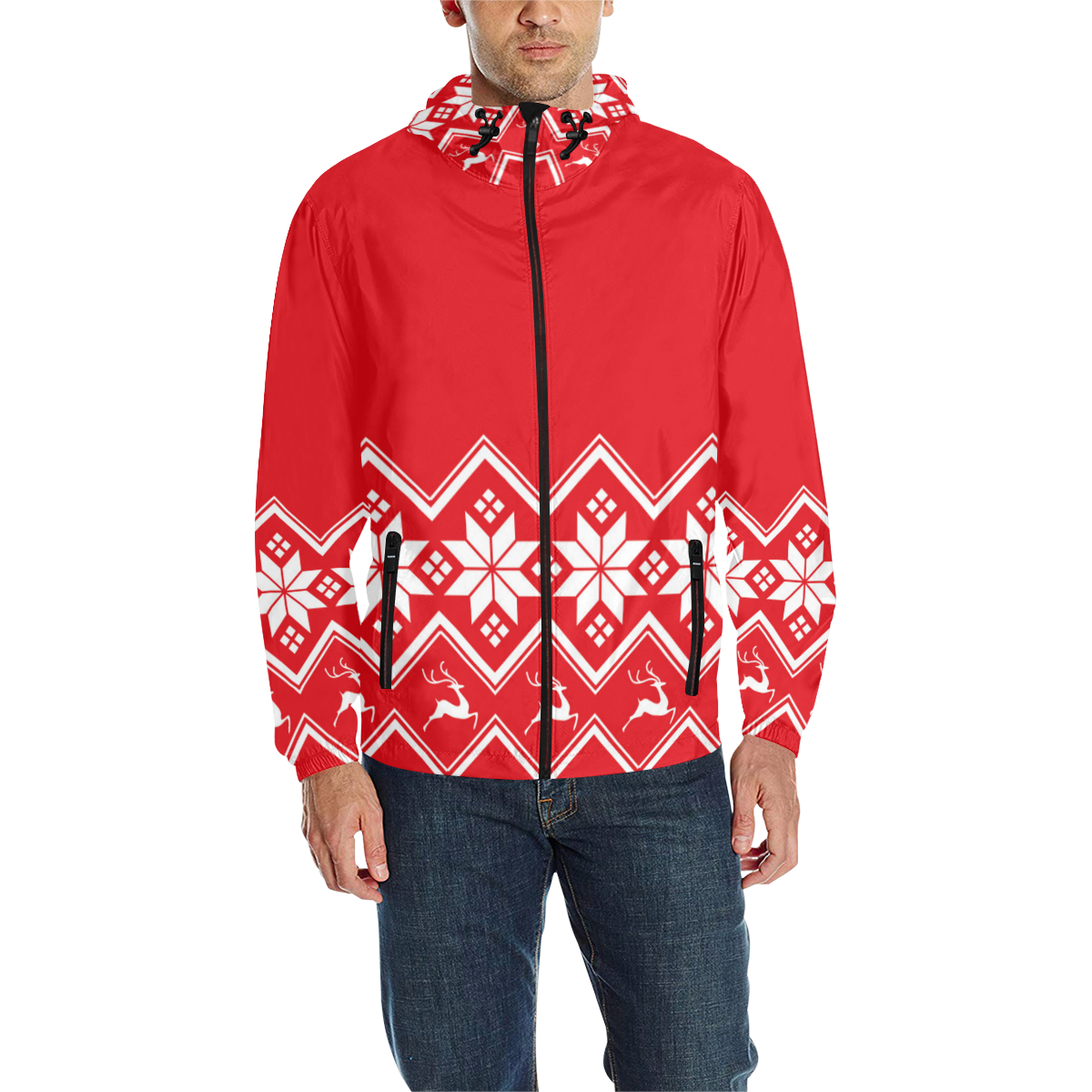 Christmas Reindeer Snowflake Red All Over Print Quilted Windbreaker for Men (Model H35)
