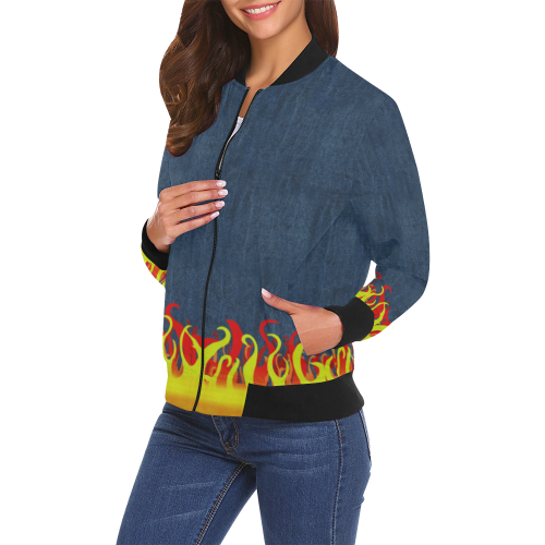 Fire and Flames With Denim-look All Over Print Bomber Jacket for Women (Model H19)