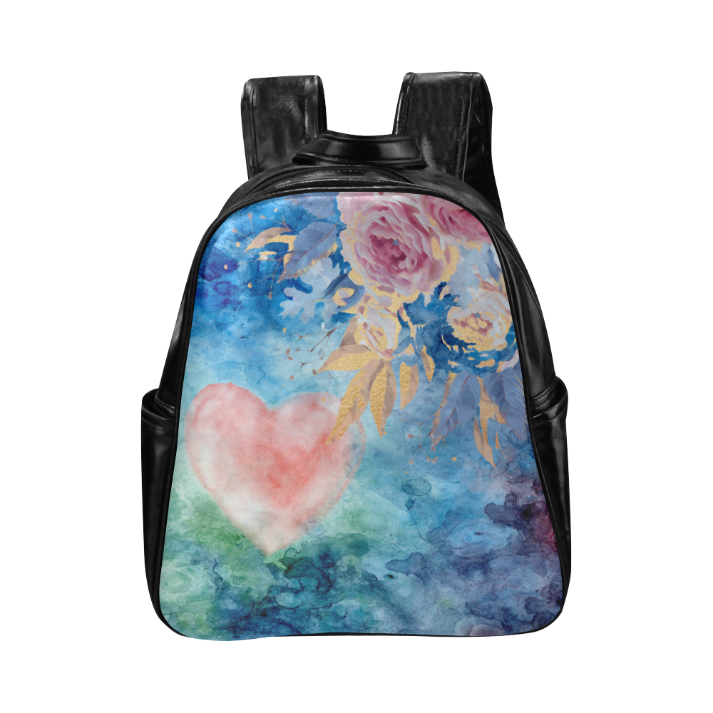 Heart and Flowers - Pink and Blue - Black Multi-Pockets Backpack (Model 1636)