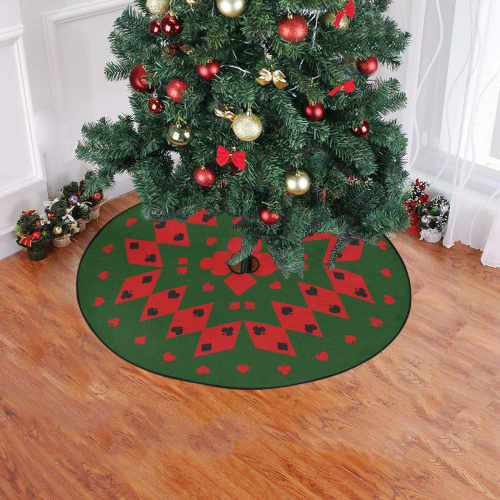 Black and Red Playing Card Shapes  on Green Christmas Tree Skirt 47" x 47"
