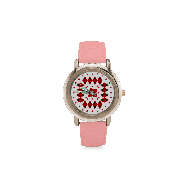 Black and Red Playing Card Shapes (White) Women's Rose Gold Leather Strap Watch(Model 201)