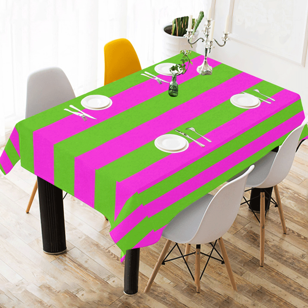 Pink Green Stripes Cotton Linen Tablecloth 60" x 90"