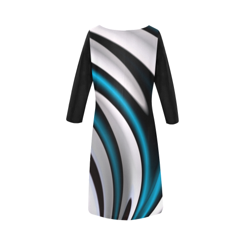Blue White Black Fractal Art Round Collar Dress (D22)