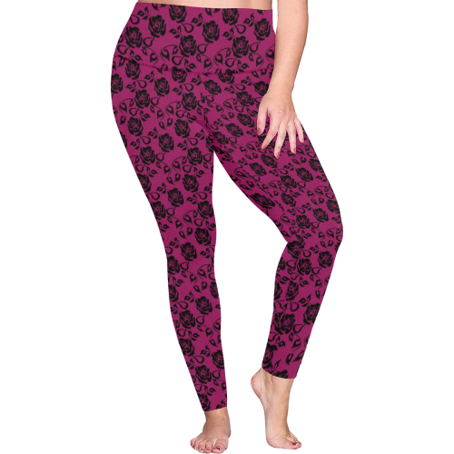 Gothic Roses Lace Pink Women's Plus Size High Waist Leggings (Model L44)