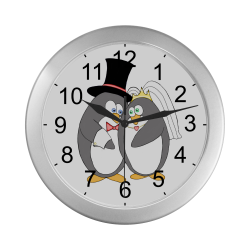 Penguin Wedding Silver Color Wall Clock