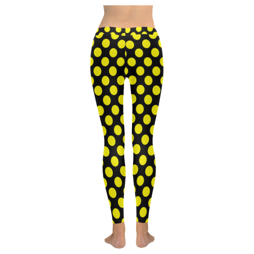 Yellow Polka Dots on Black Women's Low Rise Leggings (Invisible Stitch) (Model L05)
