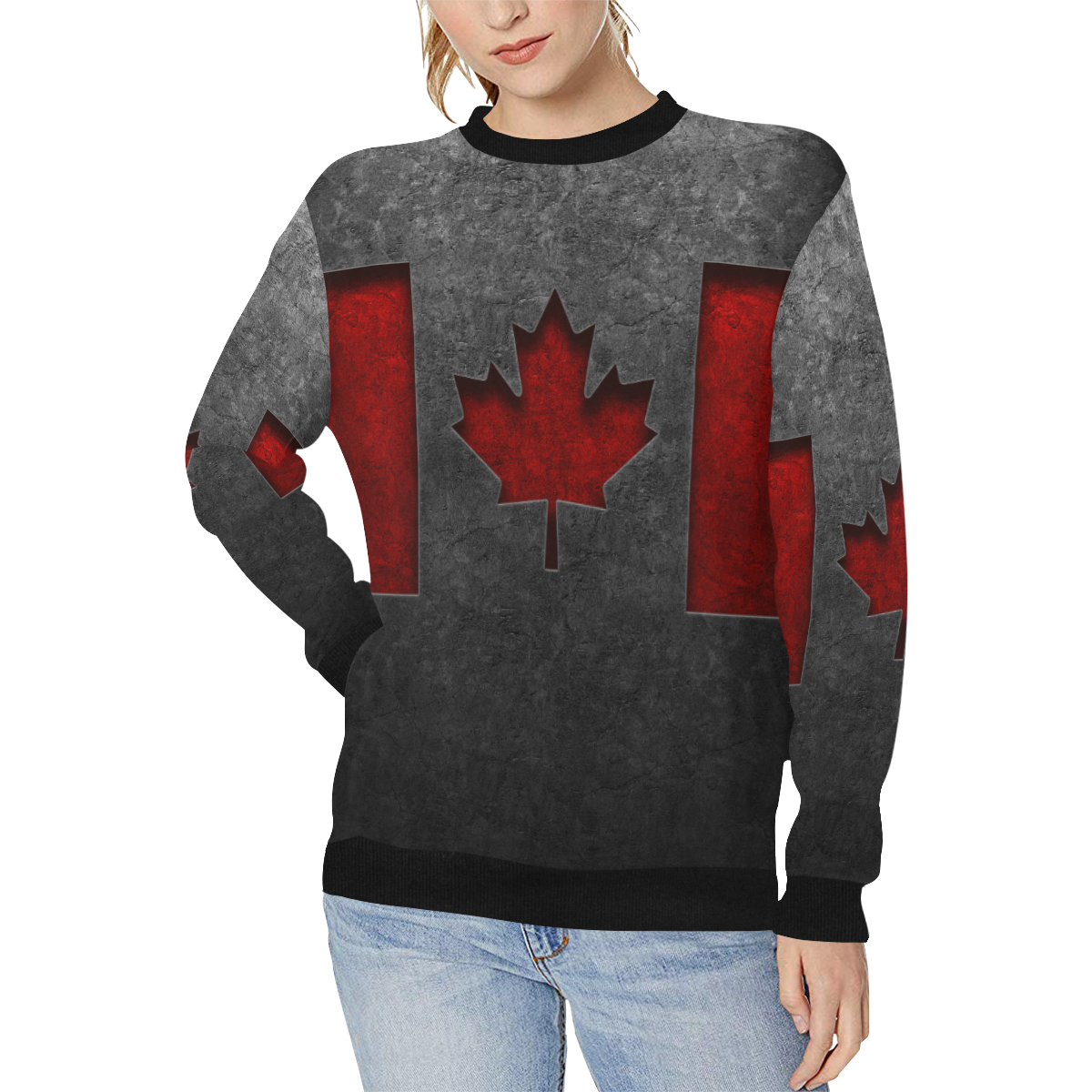 Canadian Flag Stone Texture Women's Rib Cuff Crew Neck Sweatshirt (Model H34)
