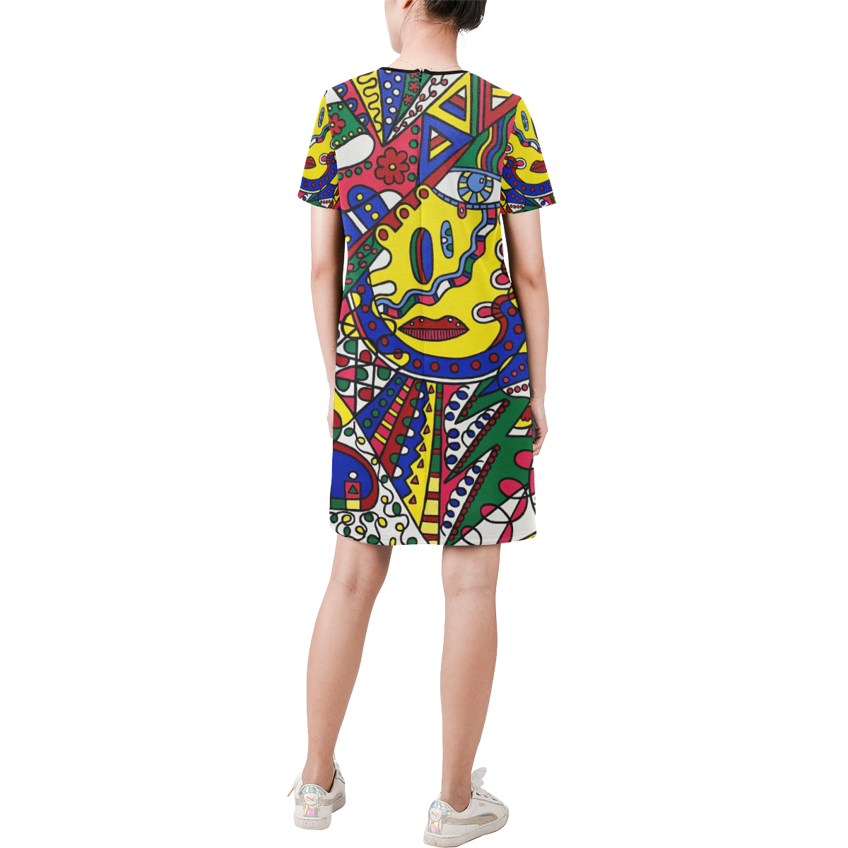 Whimsical Short-Sleeve Round Neck A-Line Dress (Model D47)