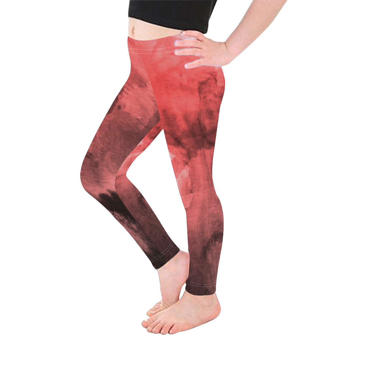 Red and Black Watercolour Kid's Ankle Length Leggings (Model L06)