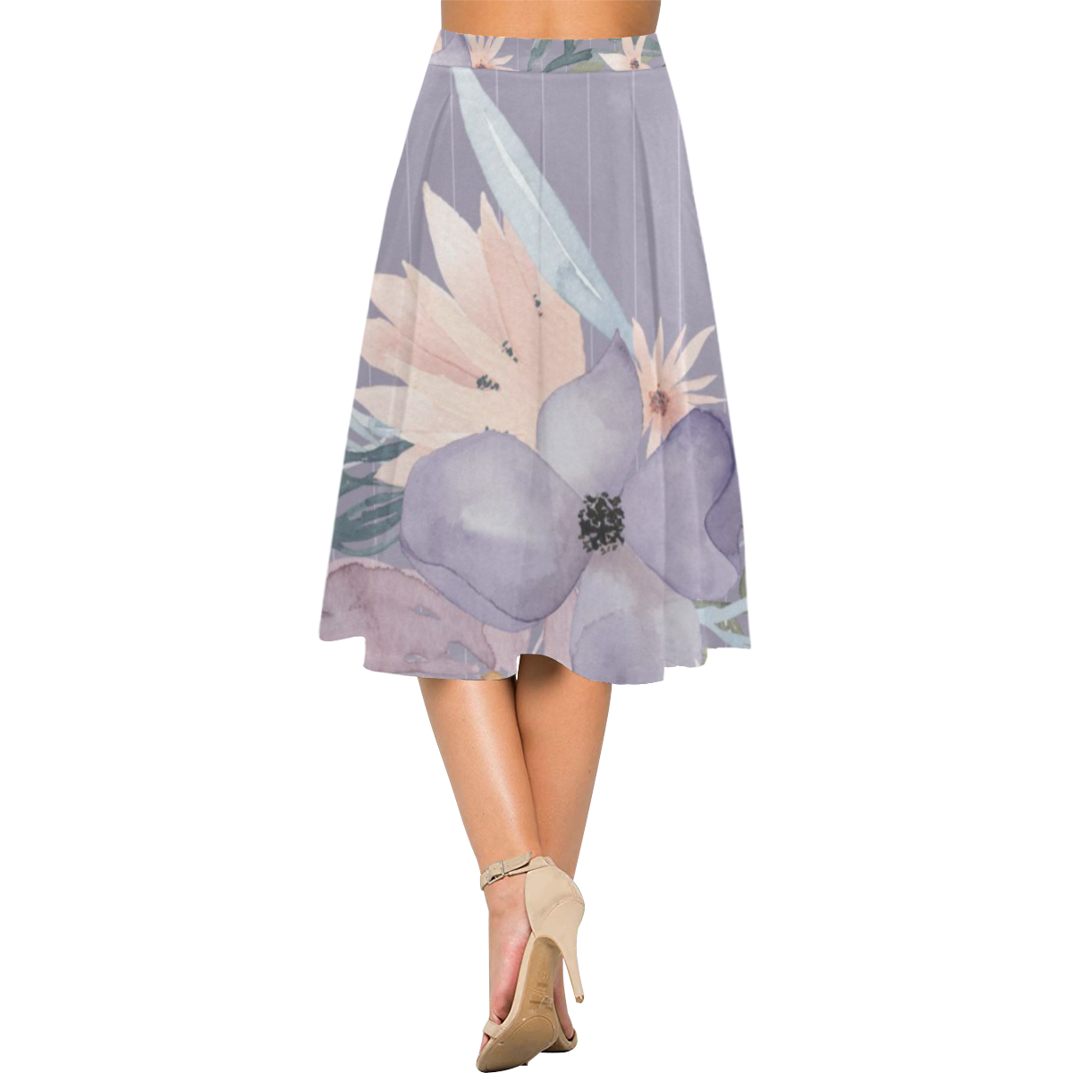 Watercolor Flowers on Stripes Aoede Crepe Skirt (Model D16)