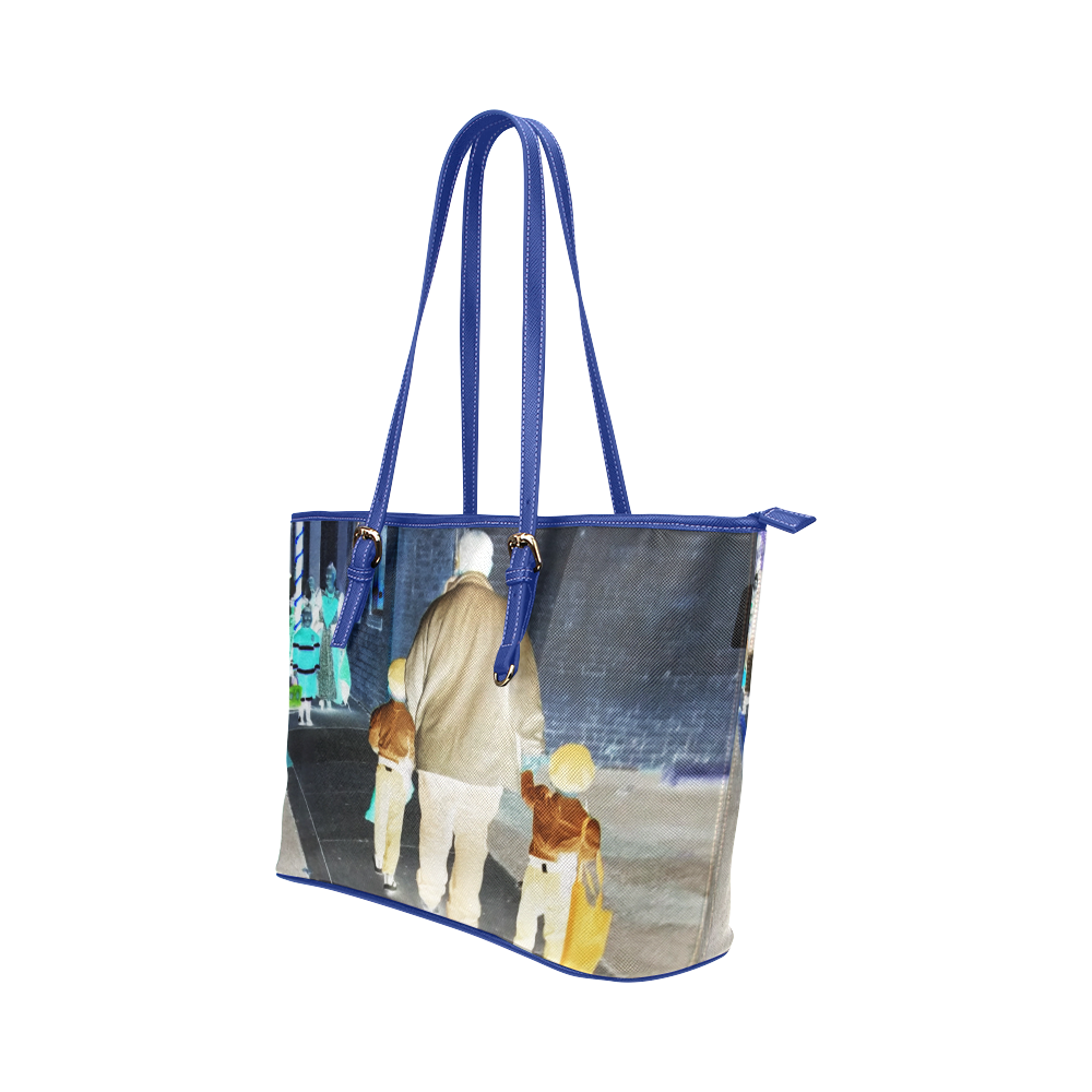 Ghosts roaming the street blue Leather Tote Bag/Small (Model 1651)