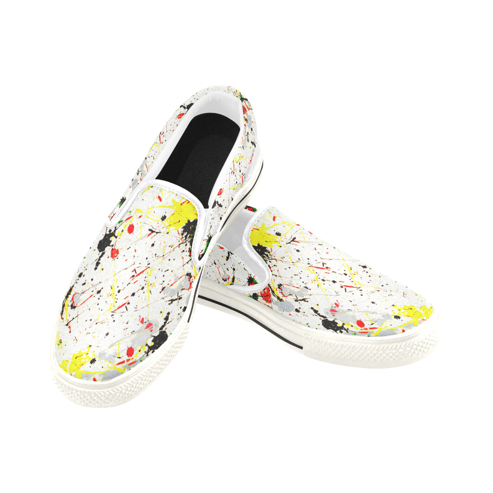 Yellow & Black Paint Splatter (White) Women's Slip-on Canvas Shoes/Large Size (Model 019)