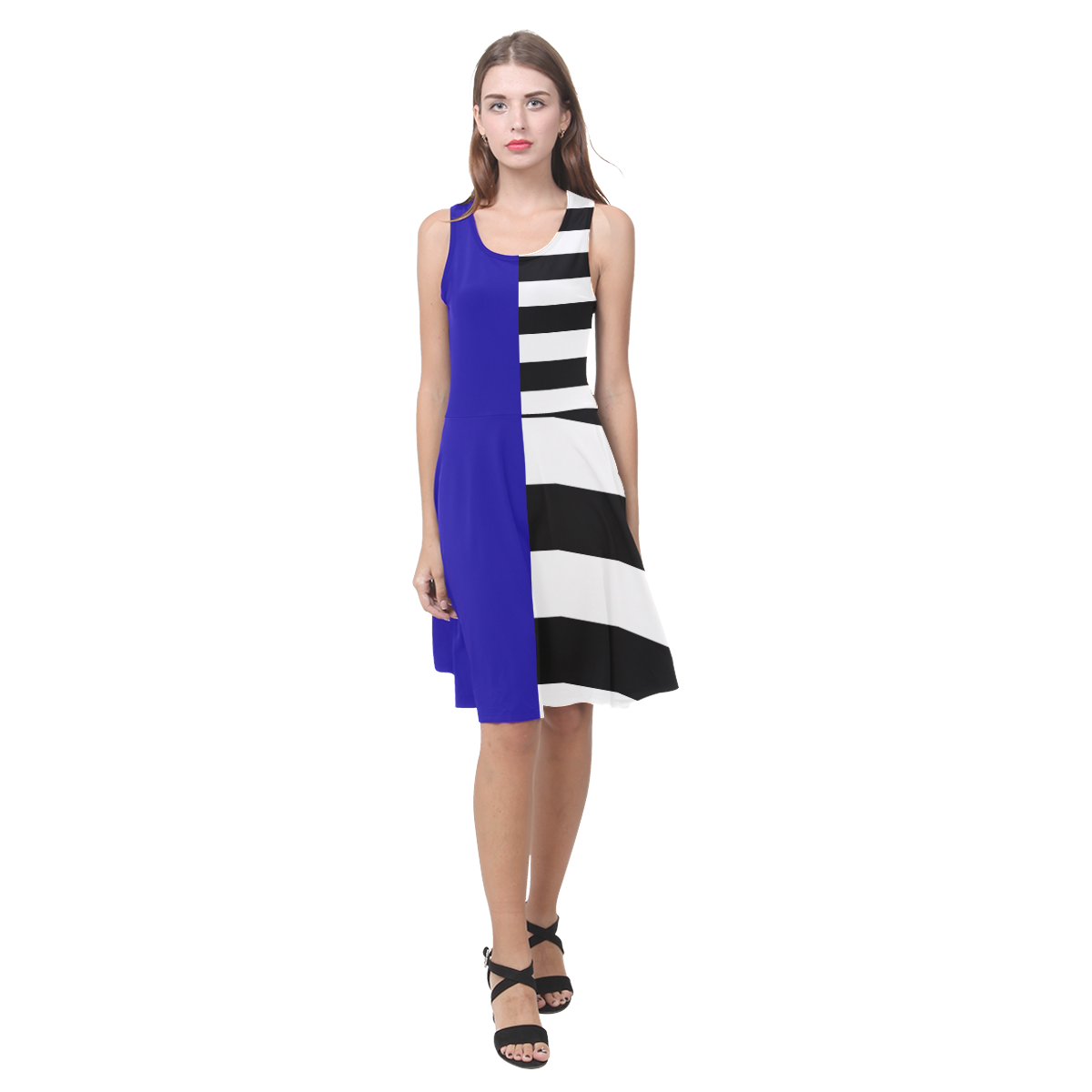 Blue and Stripes Mixed Print Atalanta Casual Sundress(Model D04)