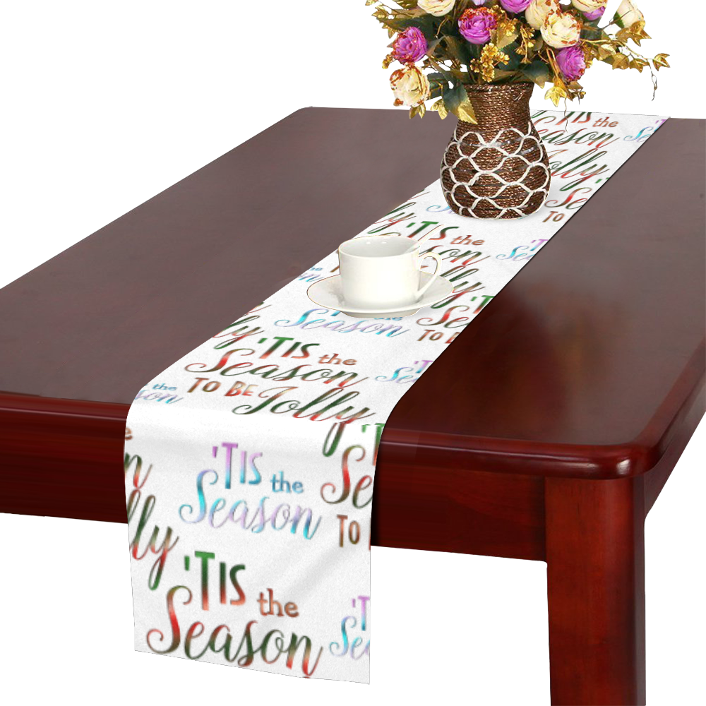 Christmas 'Tis The Season Pattern on White Table Runner 14x72 inch