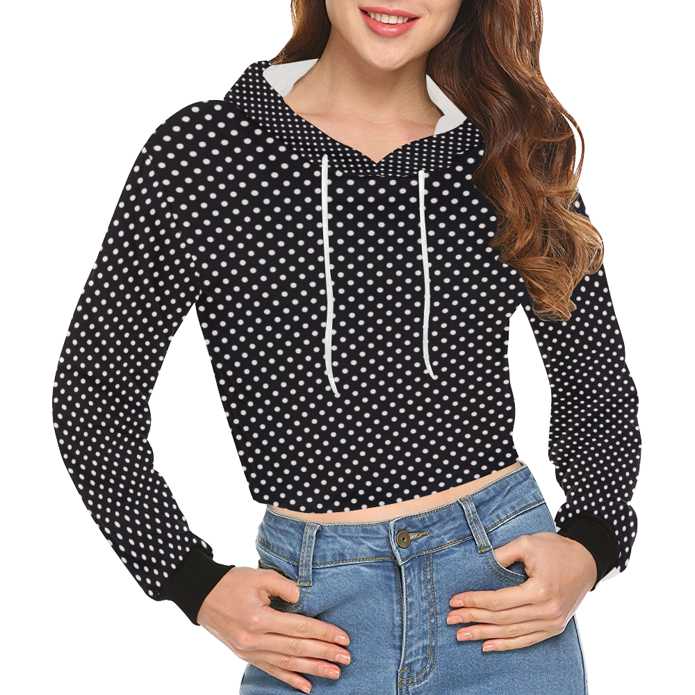Black polka dots All Over Print Crop Hoodie for Women (Model H22)