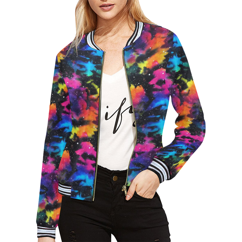 Tie Dye Rainbow Galaxy All Over Print Bomber Jacket for Women (Model H21)