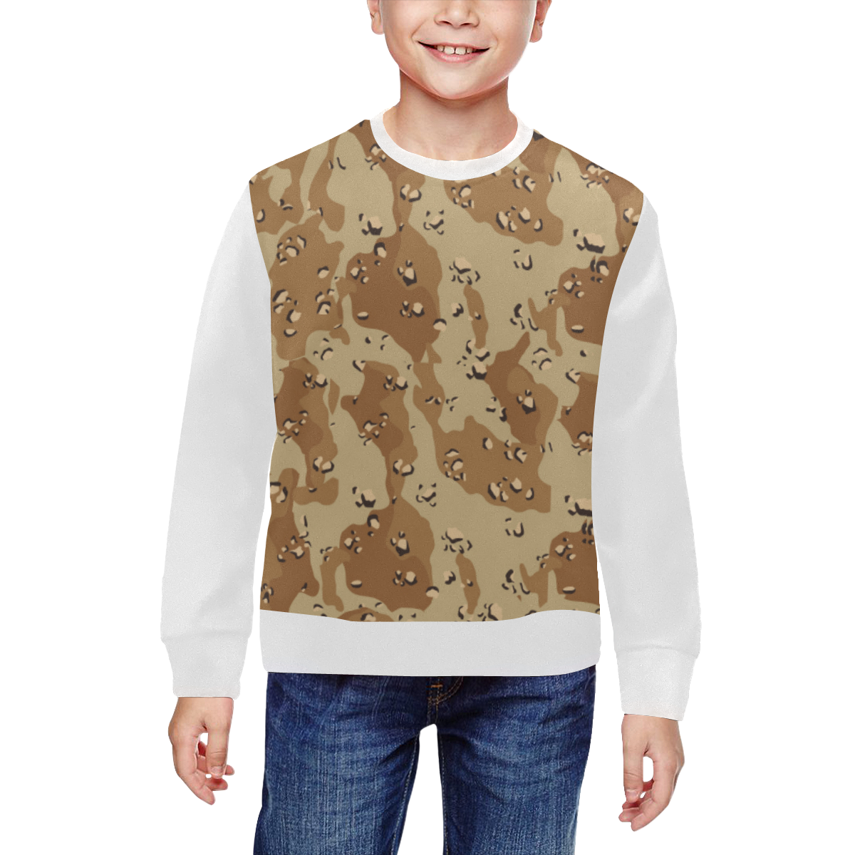 Vintage Desert Brown Camouflage (Vest Style) White All Over Print Crewneck Sweatshirt for Kids (Model H29)