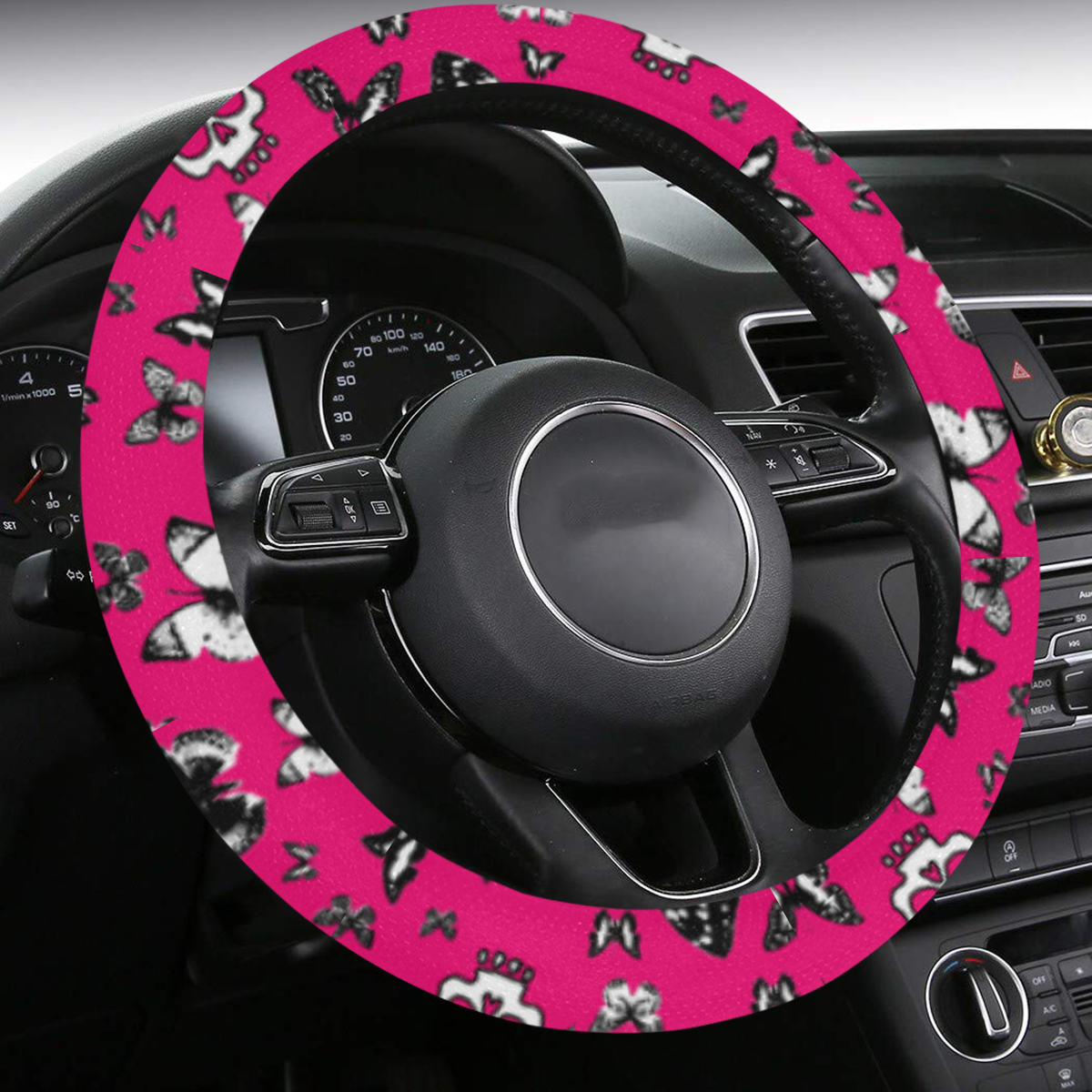 Skulls & butterflies on Pink Steering Wheel Cover with Anti-Slip Insert