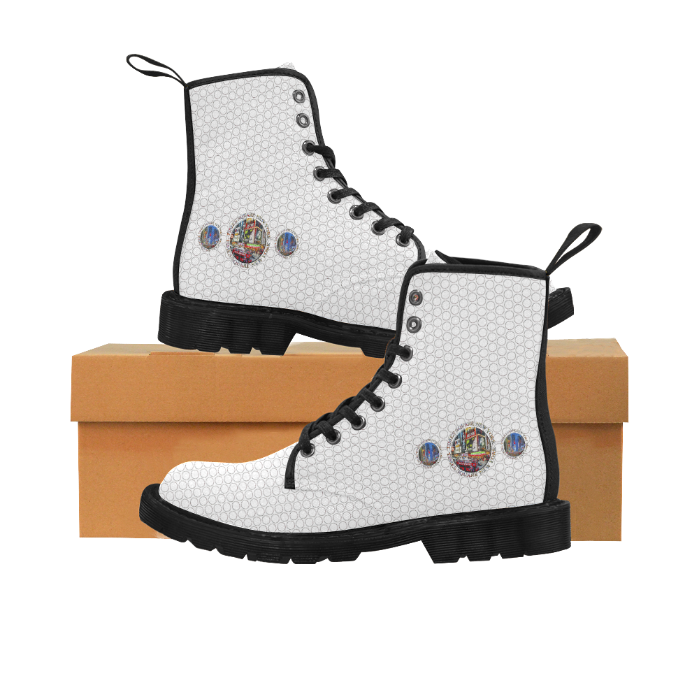 Times Square New York City webbing style on white 3 Martin Boots for Men (Black) (Model 1203H)