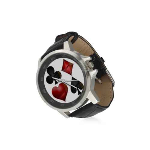 Las Vegas Black and Red Casino Poker Card Shapes Unisex Stainless Steel Leather Strap Watch(Model 202)