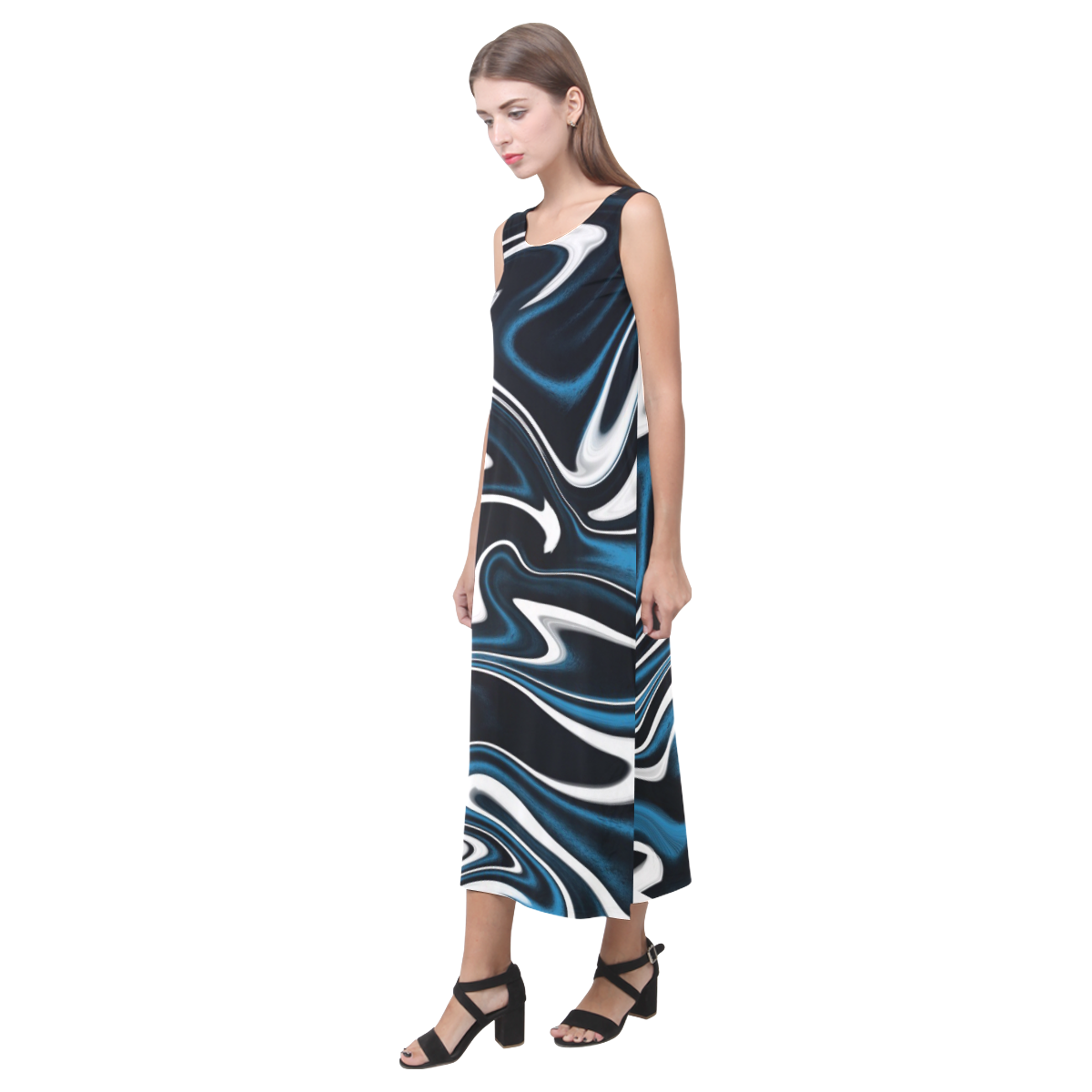 Blue, Black and White Estonia Swirls Phaedra Sleeveless Open Fork Long Dress (Model D08)