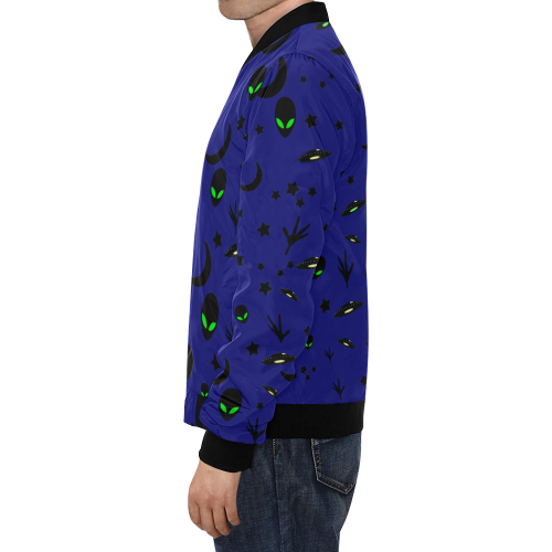 Alien Flying Saucers Stars Pattern on Blue All Over Print Bomber Jacket for Men (Model H19)