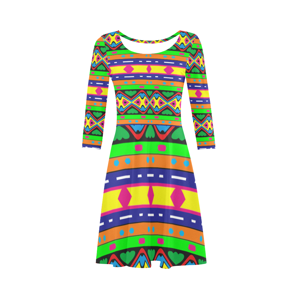 Distorted colorful shapes and stripes 3/4 Sleeve Sundress (D23)