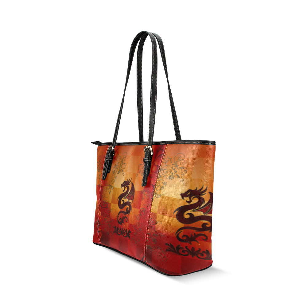 Tribal dragon  on vintage background Leather Tote Bag/Small (Model 1640)