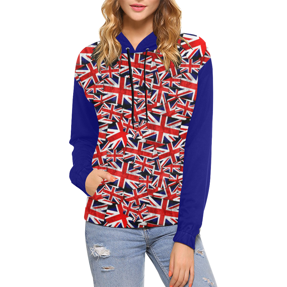 Union Jack British UK Flag (Vest Style) Blue All Over Print Hoodie for Women (USA Size) (Model H13)