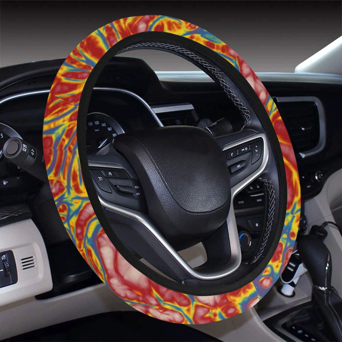 Fractal Batik ART - Hippie Blue Branches Steering Wheel Cover with Elastic Edge