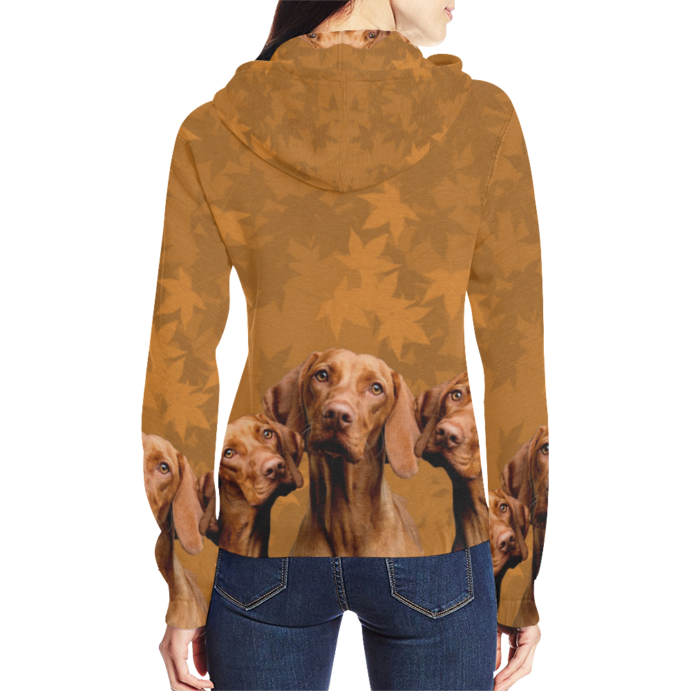 Vizsla Hoodie with Autumn Leaves All Over Print Full Zip Hoodie for Women (Model H14)
