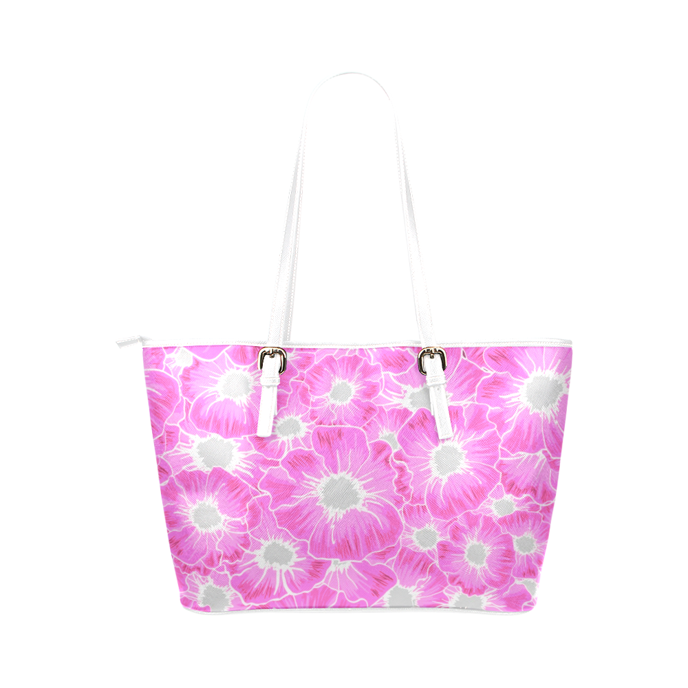 Pink Hibiscus Leather Tote Bag/Small (Model 1651)