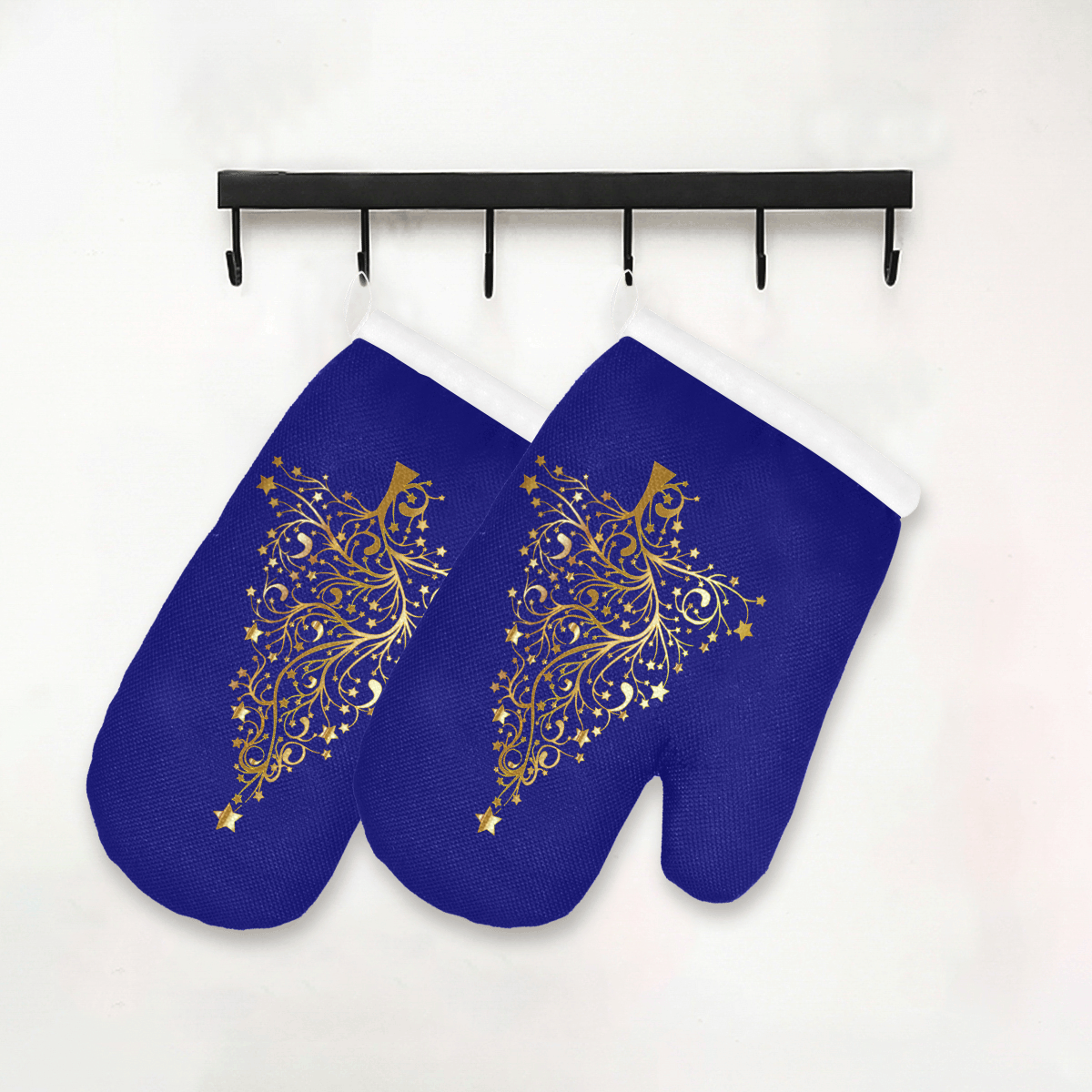 Golden Christmas Tree on Blue Oven Mitt (Two Pieces)