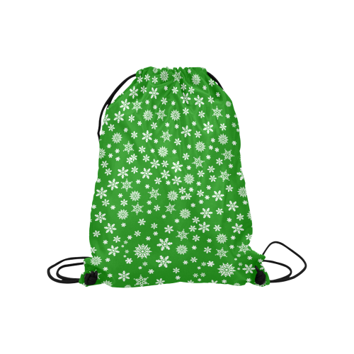 Christmas White Snowflakes on Green Medium Drawstring Bag Model 1604 (Twin Sides) 13.8"(W) * 18.1"(H)
