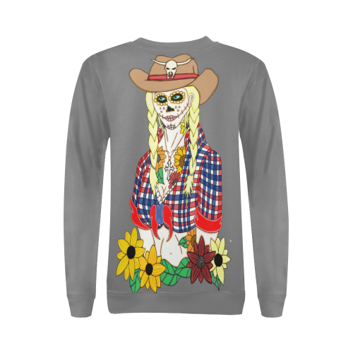 Cowgirl Sugar Skull Grey All Over Print Crewneck Sweatshirt for Women (Model H18)