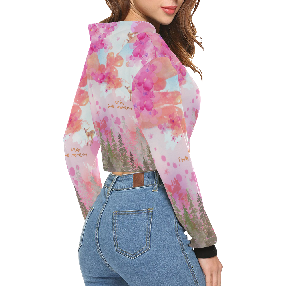 Little Deer in the Magic Pink Forest All Over Print Crop Hoodie for Women (Model H22)