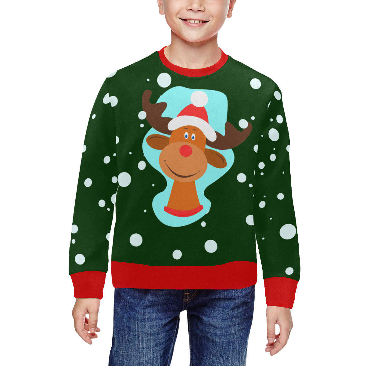 Funny Christmas Reindeer Green Ugly Sweater All Over Print Crewneck Sweatshirt for Kids (Model H29)