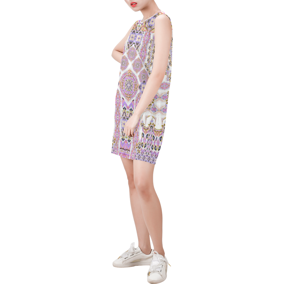 mandala spirit violet pastel Sleeveless Round Neck Shift Dress (Model D51)