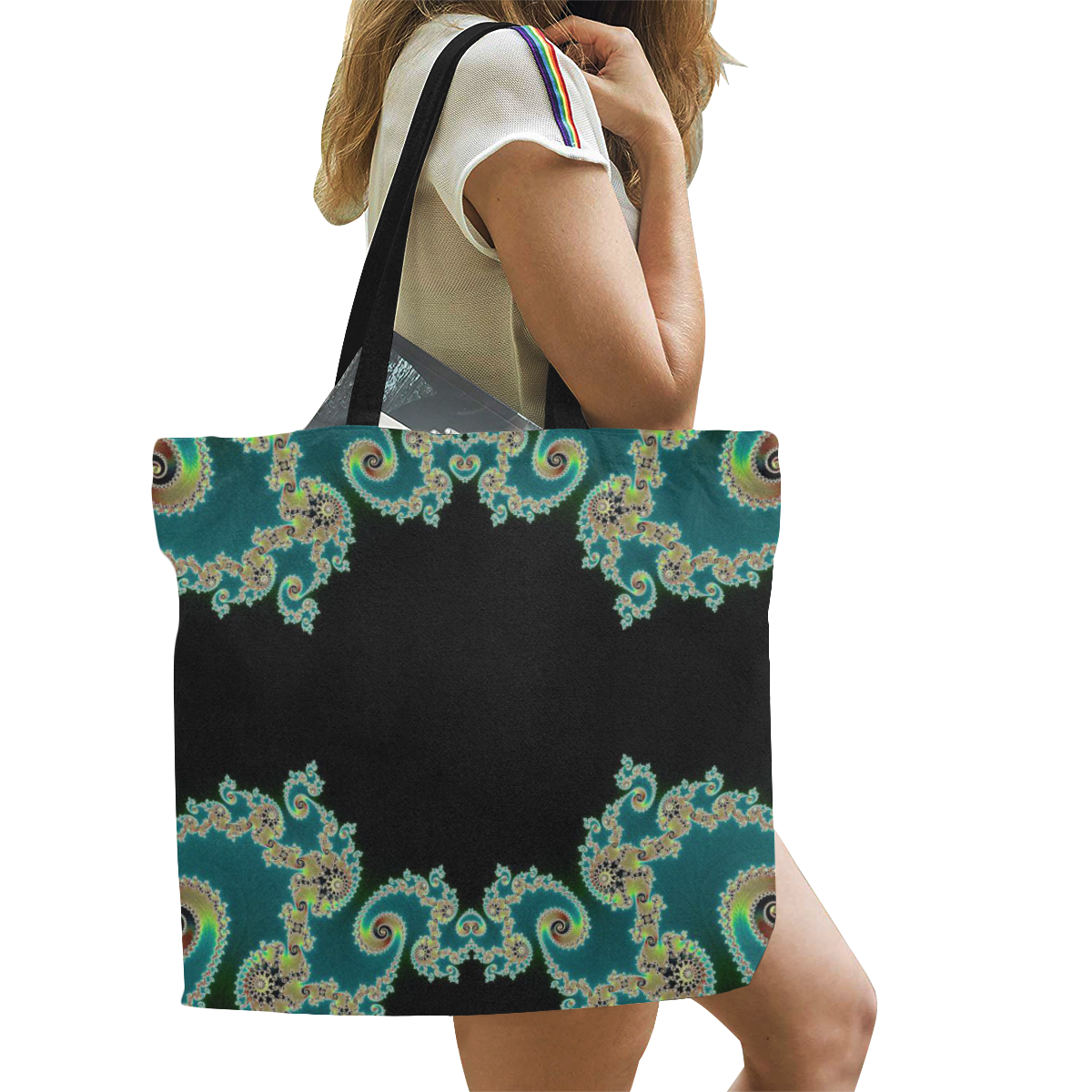 Aqua and Black  Hearts Lace Fractal Abstract All Over Print Canvas Tote Bag/Large (Model 1699)