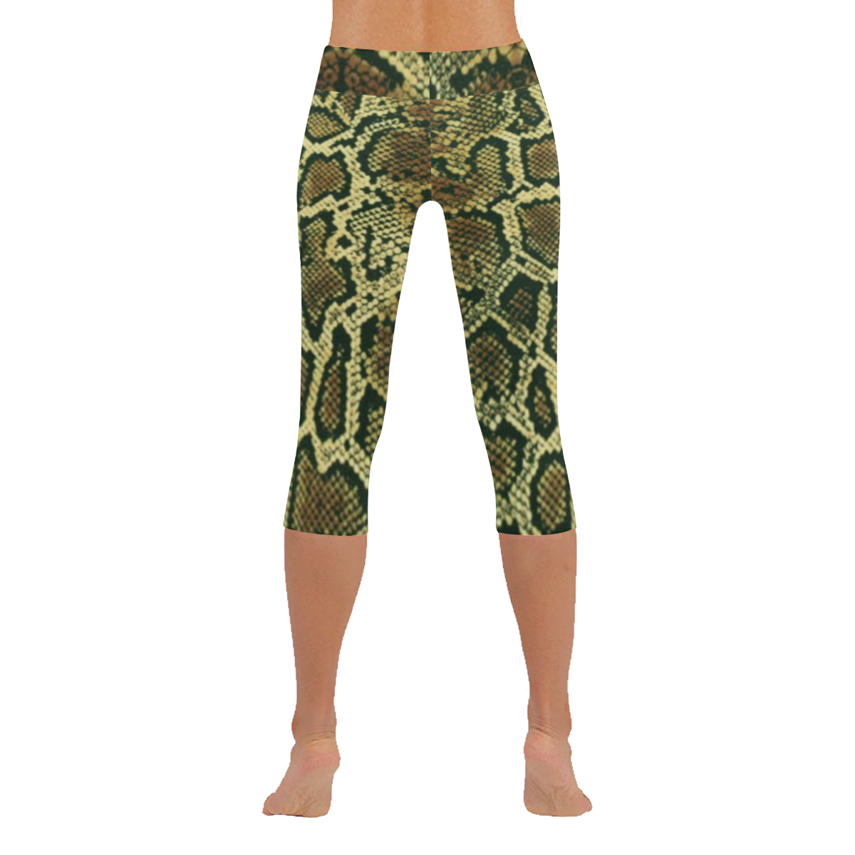 Snakeskin Pattern Brown Gold Women's Low Rise Capri Leggings (Invisible Stitch) (Model L08)