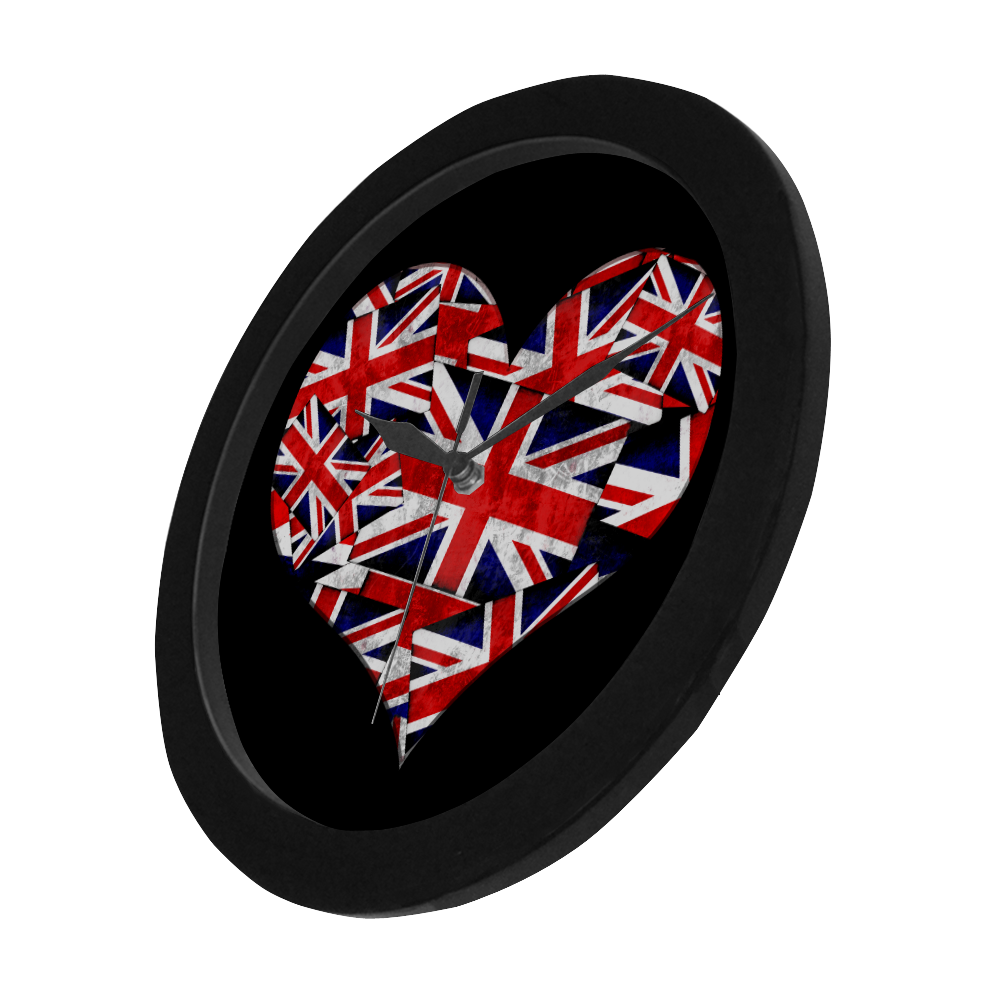 Union Jack British UK Flag Heart Black Circular Plastic Wall clock