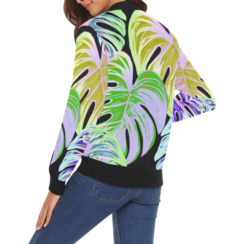 Pretty Leaves C by JamColors All Over Print Bomber Jacket for Women (Model H19)