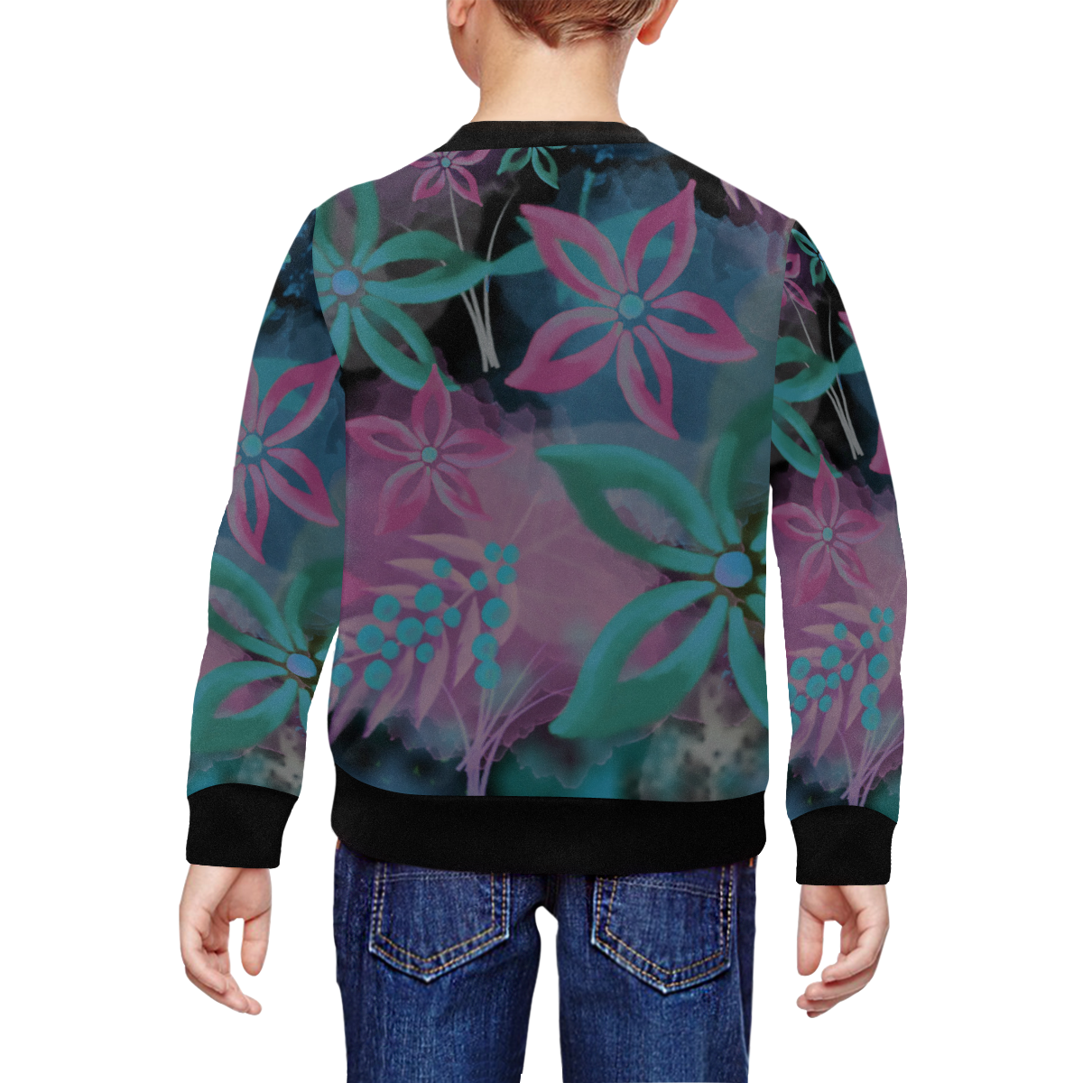 Flower Pattern - black, teal green, purple, pink All Over Print Crewneck Sweatshirt for Kids (Model H29)