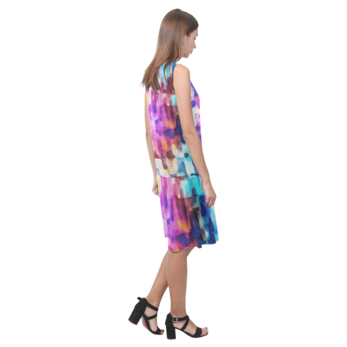 Blue pink watercolors Sleeveless Splicing Shift Dress(Model D17)